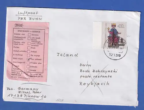 Bund 1994 Mi.-Nr. 1738 als EF auf Lp-Brief von MALCHIN nach Island