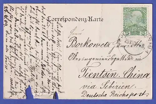 Österreich 1909 Ansichtskarte Teplitz-Schönau gelaufen nach TIENTSIN China