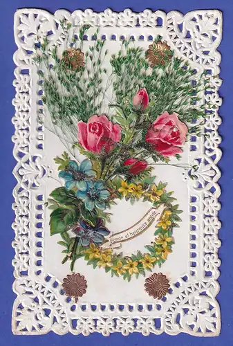 Frankreich hübsche alte Neujahrsgruß-Karte mit 3D-Blütenmotiven und Spitzenrand