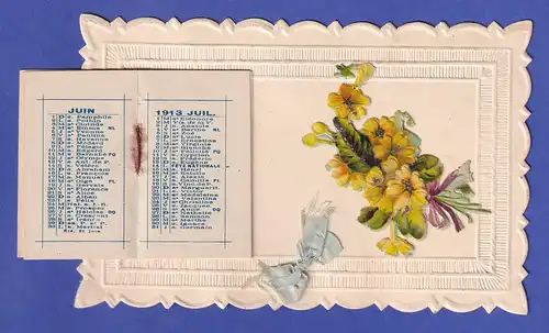Frankreich hübsche alte Neujahrsgruß-Karte mit 3D-Blütenmotiv und Kalender 1913