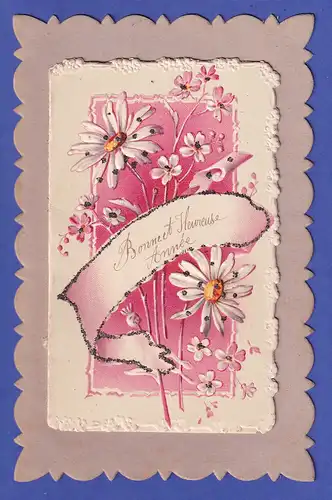 Frankreich hübsche alte Neujahrsgruß-Karte mit aufgeklebtem Heftchen 