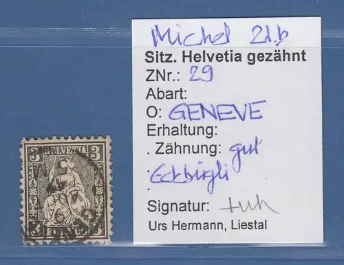 Schweiz 1862 Sitzende Helvetia 3 C. schwarz ohne Fasern Mi.-Nr. 21 O gpr. 