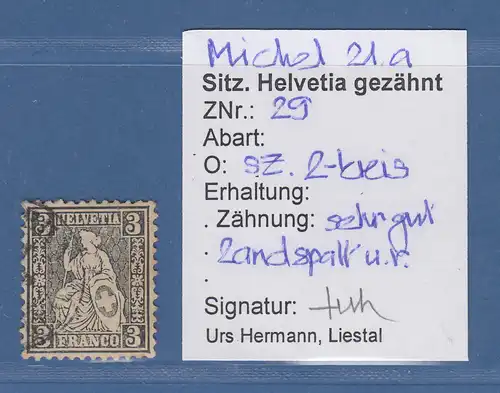Schweiz 1862 Sitzende Helvetia 3 C. grauschwarz ohne Fasern Mi.-Nr. 21a O gpr. 