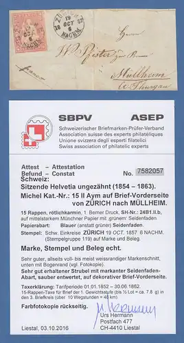 Schweiz 1857 Stehende Helvetia 15C Berner Druck Mi.-Nr. 15II Aym O Briefs-Vds.
