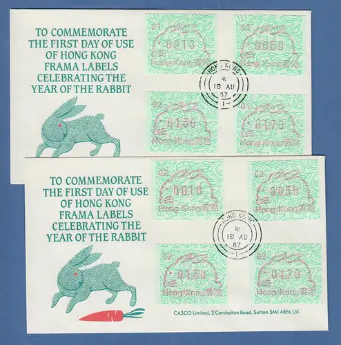 Hongkong FRAMA-ATM 1987 Hase , Aut-Nr. 01 und 02 je Satz 4 Werte auf FDC