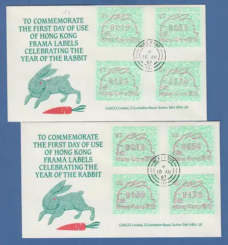 Hongkong FRAMA-ATM 1987 Hase , Aut-Nr. 01 und 02 je offiz. FDC mit Satz 4 Werte