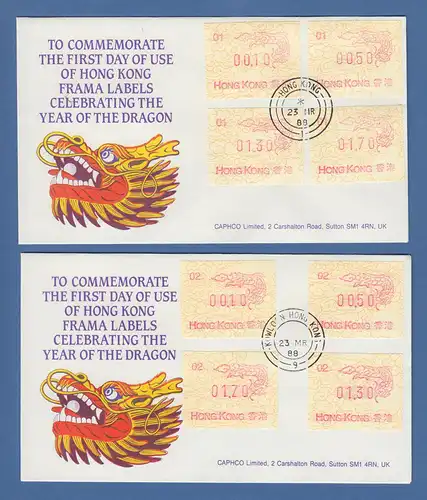 Hongkong, FRAMA-ATM 1988 Drache Aut-Nr. 01 und 02 je Satz 4 Werte auf FDC