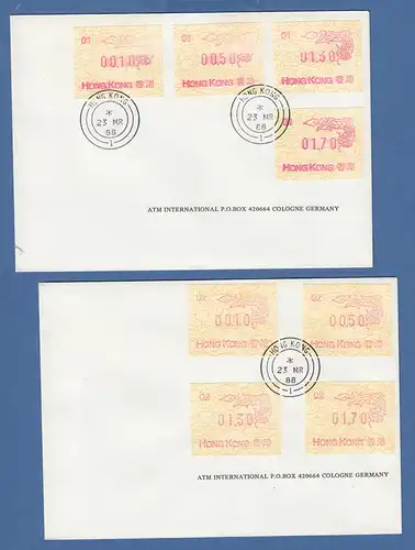 Hongkong, FRAMA-ATM 1988 Drache beide Aut-Nr. 01 und 02 je Satz 4 Werte auf FDC
