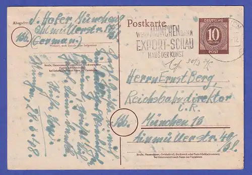 All. Besetzung Gemeinschaftsausg. 1948 GA Postkarte Mi.-Nr. P952 gel. in MÜNCHEN
