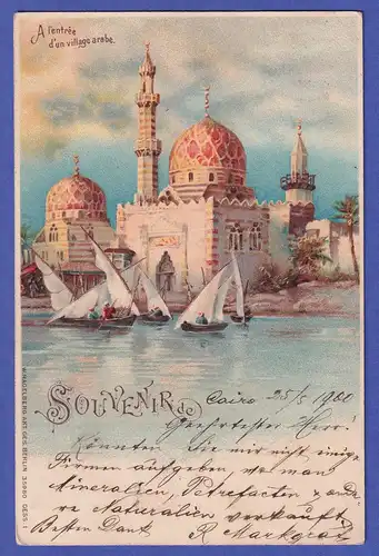 Ägypten 1900 Ansichtskarte Moschee am Nil gelaufen von Kairo nach Nürnberg