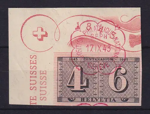 Schweiz 1943 - 100 Jahre Briefmarken Mi.-Nr. 419 Eckrandstück OL gestempelt