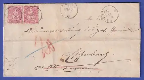 Schweiz 1870 Helvetia 2 x Mi.-Nr. 30 auf Brief aus UZWYL nach ESCHENBACH