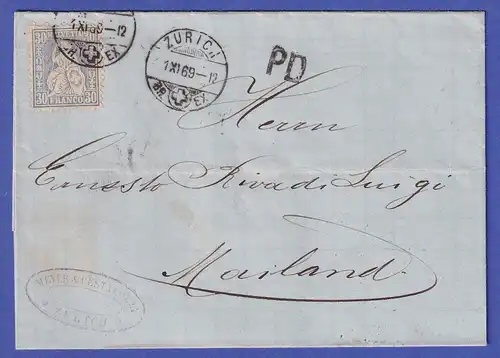 Schweiz 1869 Helvetia 30 Rp Mi.-Nr. 33 auf Brief aus ZÜRICH nach MAILAND