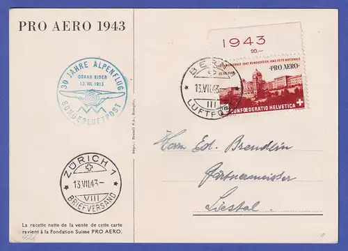 Schweiz 1943 Pro Aero Mi.-Nr. 422 auf Gedenkkarte Oscar Bider BERN nach LIESTAL