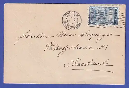 Schweiz 1924 Mi.-Nr. 193 B auf Brief gelaufen von BASEL nach KARLSRUHE