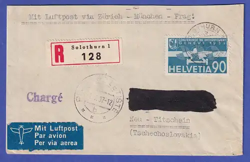 Schweiz 1937 Mi.-Nr. 258 auf Luftpost-R-Brief gel. von Solthurrn nach Nový Jičín