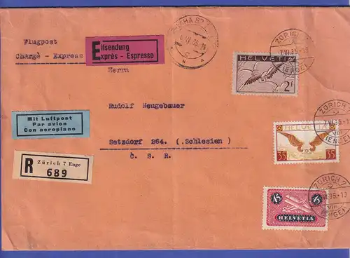 Schweiz 1935 Mi.-Nr. 183,233,245 x auf Luftpost-R-Eil-Brief ZÜRICH nach SETZDORF