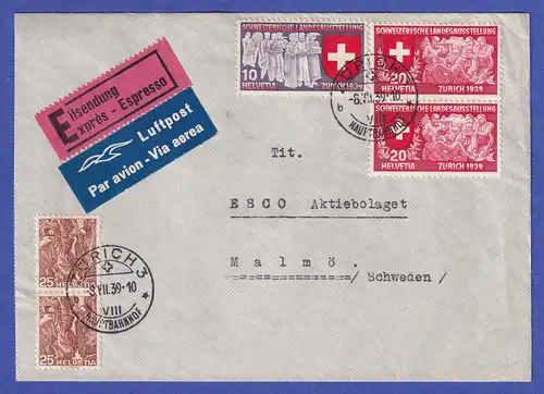 Schweiz 1939 Mi.-Nr. 335, 336 auf Flugpost-Eil-Brief von ZÜRICH nach MALMÖ