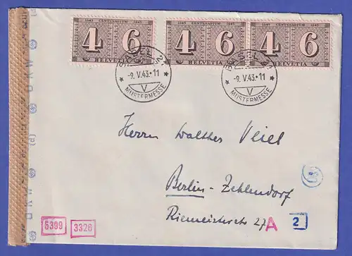 Schweiz 1943 Mi.-Nr. 416 Paar und Einzelmarke auf Zensur-Brief BASEL - BERLIN