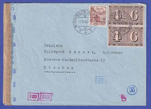 Schweiz 1943 Mi.-Nr. 416 senkr. Paar auf Zensur-Brief von BINNINGEN nach MÜNCHEN
