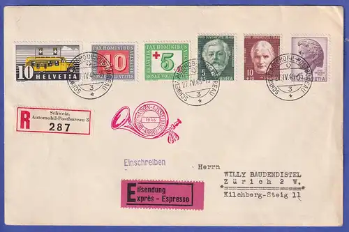 Schweiz 1946 Mi.-Nr. 311,447,451,465,466,469 auf Eil-R-Brief nach ZÜRICH
