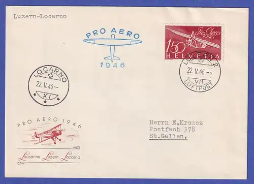 Schweiz 1946 Mi.-Nr. 470 auf PRO AERO Luftpost-FDC von LUZERN nach ST. GALLEN