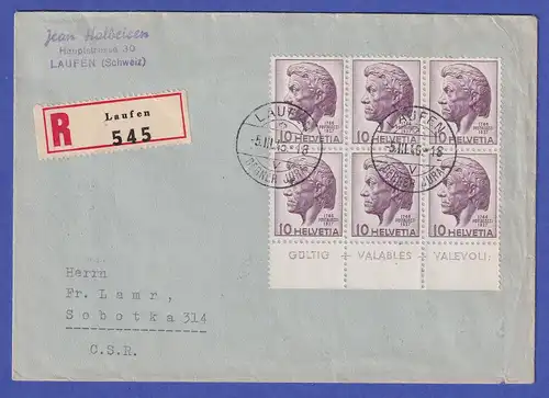 Schweiz 1946 Mi.-Nr. 469 Unterrandsechserblock auf Zensur-R-Brief LAUFEN-SOBOTKA