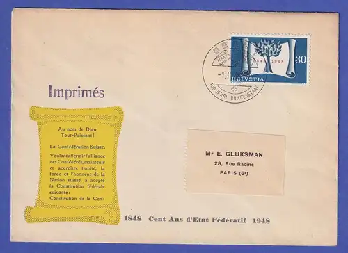 Schweiz 1948 Mi.-Nr. 499 auf Gedenkbrief mit So.-O BERN nach Paris