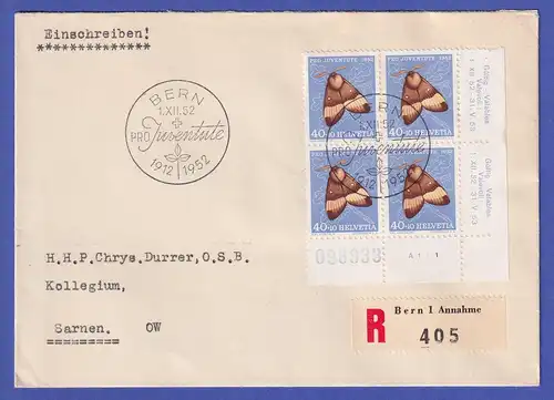 Schweiz 1952 Mi.-Nr. 579 Eckrandviererblock UR auf R-FDC von BERN nach SARNEN