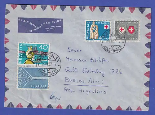 Schweiz 1957 Mi.-Nr. 640, 641, 645, 647 auf Luftpost-Brief BASEL - BUENOS AIRES