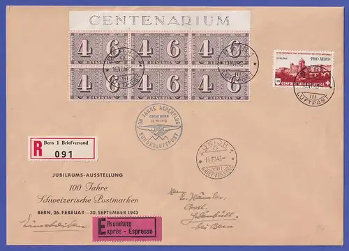 Schweiz 1943 Mi.-Nr. 416 Oberrandsechserblock, 422 auf Luftpost-R-Eilbrief