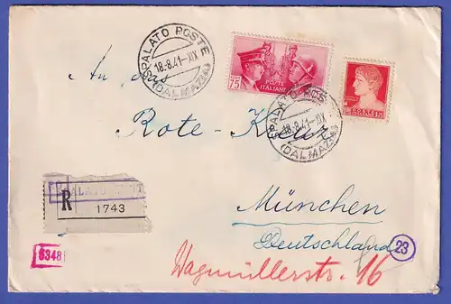 Italien 1941 Mi.-Nr. 310, 627 auf Zensur-R-Brief von SPALATO nach MÜNCHEN