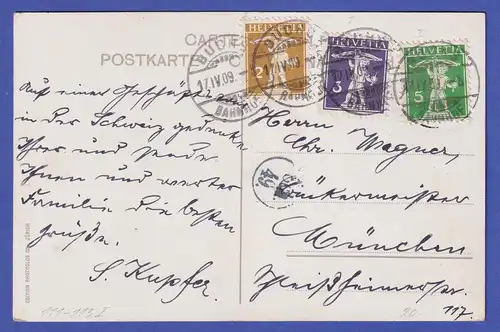 Schweiz 1909 Tellknabe Mi.-Nr. 111-113 I auf Ansichtskarte Zürich nach MÜNCHEN