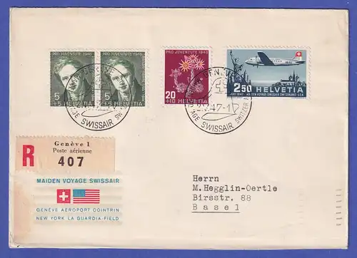 Schweiz 1947 Mi.-Nr. 479 u.a. auf R-FDC mit So.-O SWISSAIR von GENF nach BASEL