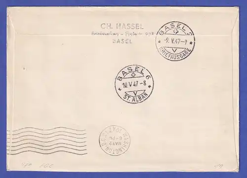 Schweiz 1947 Mi.-Nr. 479 u.a. auf R-FDC mit So.-O SWISSAIR von GENF nach BASEL