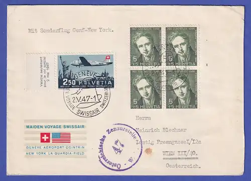 Schweiz 1947 Mi.-Nr. 479 u.a.auf Zensur-FDC von GENF nach WIEN via NEW YORK