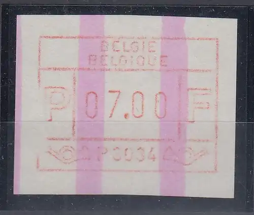 Belgien FRAMA-ATM P3034 Zottegem mit ENDSTREIFEN ** Wert 07,00  Bfr.  SRF links