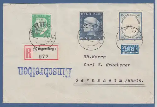 Bund R-Brief mit Mi.-Nr. 203, 209 und 211 von Regensburg nach Gernsheim, 1955