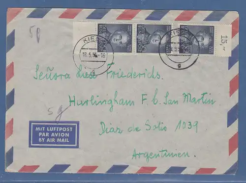Bund 1953 Liebig 3x als MEF auf Lp-Brief nach Argentinien, dabei OR und UR-Stück