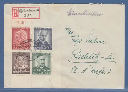 Bund Wohlfahrt 1953 Mi.-Nr. 173-76 auf Sammler-R-Brief v. Nürnberg nach Rochlitz