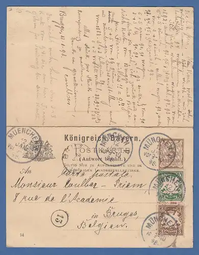 Bayern 1898 Antwortpostkarte gelaufen nach Belgien und zurück. 