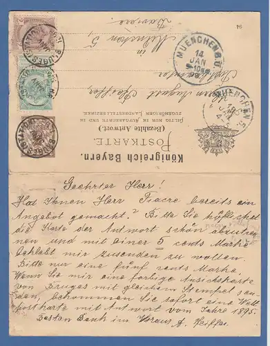 Bayern 1898 Antwortpostkarte gelaufen nach Belgien und zurück. 