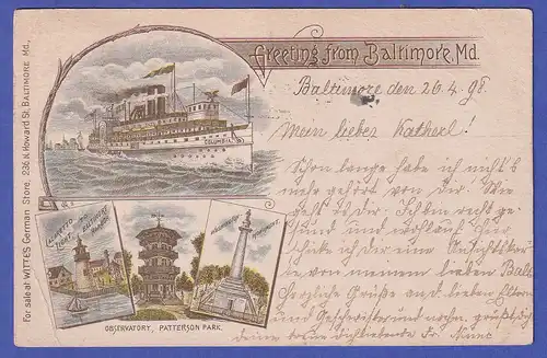 USA 1898 AK Baltimore Stadtmotive, Schiff gel. nach München, dort nachtaxiert