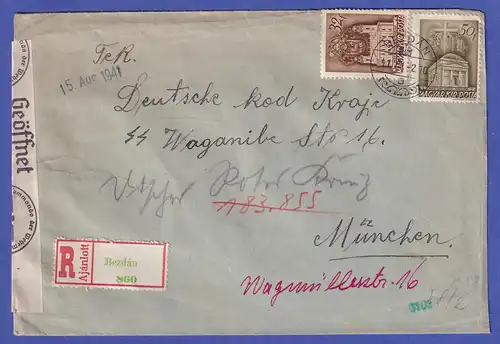 Ungarn 1941 Zensur-R-Brief mit Mi.-Nr. 641 und 676 von BEZDÁN nach München