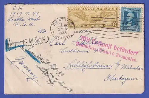 USA 1933 Luftpost-Brief mit Mi.-Nr. 323 und 340 von SEATTLE nach SCHLEIẞHEIM