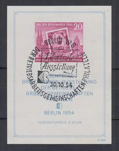 DDR 1954 Block Briefmarkenausstellung Berlin Mi-Nr. Bl. 10 XII mit Sonderstempel