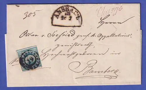 Bayern 1862 Mi.-Nr. 2 II mit OMR 19 auf Chargé-Brief von Ansbach nach Bamberg