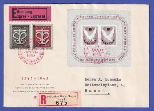 Schweiz 1945 Basler Taube Mi.-Nr. Block 12 auf Eil-R-FDC innerhalb von Basel