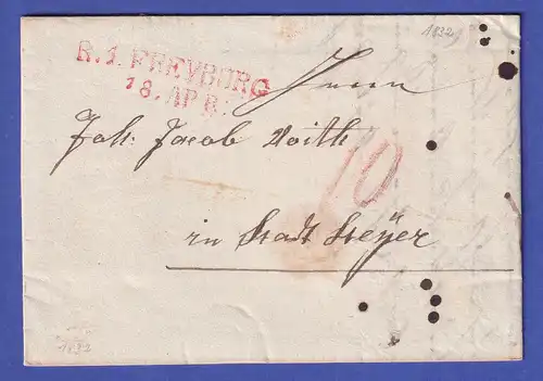 Baden 1832 Vorphila-Brief mit rotem Zweizeiler R.1.FREYBURG