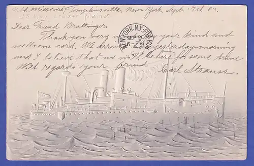 USA 1904 Prägebildpostkarte Kriegsschiff Maine O TOMPKINSVILLE nach München